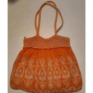 Cappelli Straworld Embroidered Orange Soft Bag Purse w/straw handles and top